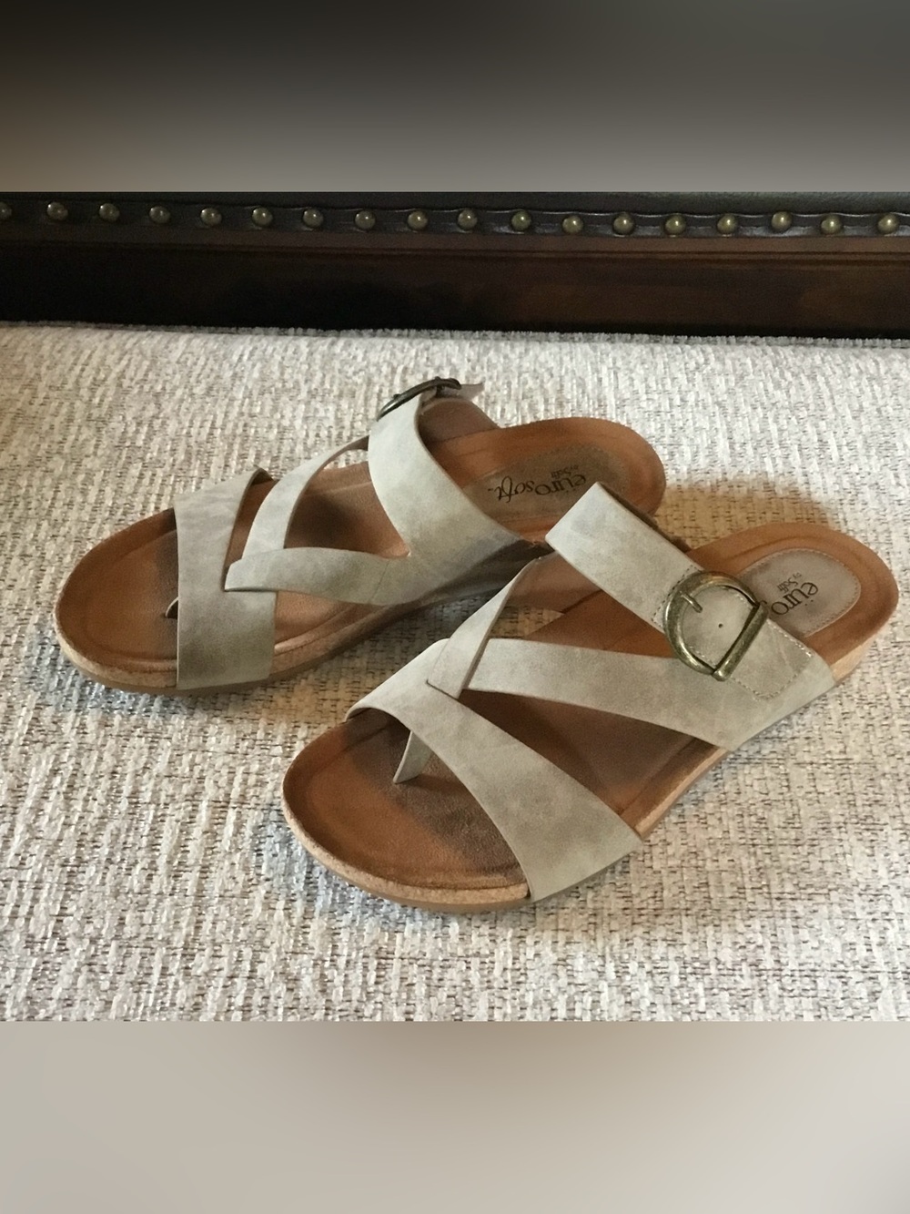 Eurosoft Taupe Suede Cross-Strap Buckle Slide Sandals